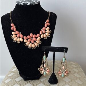 Elegant Pink, Turquoise and Cream Floral Necklace and Earring Set